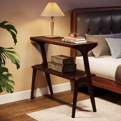 Tribesigns Solid Wood End Table, 2-Tier Farmhouse Side Table with Storage Shelves, Slim Side Table for Couch with Unique Legs, Long Bedside Table for Bedroom, Living Room, Burgundy - color: Burgundy