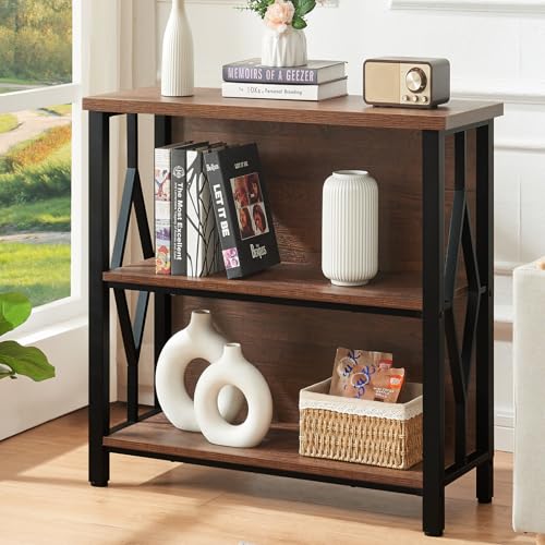 HOMISSUE Bookshelf, 3-Tier Rustic Small Bookcase, Industrial Shelf Bookshelf with Engineered Wood Shelves, Low Bookcase with Storage, Small Shelf for Living Room, Bedroom and Office, Rustic Brown - color: Rustic Brown, size: 3-tier (29.5"W x 30.9"H x 12.6