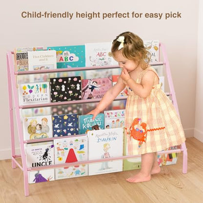 Trieez High-Transparent 4 Tier Kids Bookshelf, Sturdy Metal Large Size Book Rack Storage for Kids - Toddler Book Shelf Display for Nursery, Kids Room, Deep Size Bookshelf Hold More Books, Pink