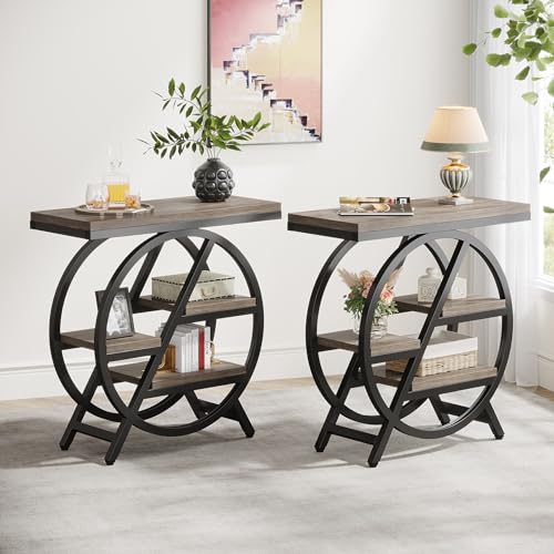 Tribesigns End Table Set of 2, 3-Tier Narrow Side Table with Storage, Wood Sofa Side Table with Geometric Metal Frame, Industrial Nightstand and Bedside Table for Living Room Bedroom - color: Grey