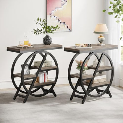 Tribesigns End Table Set of 2, 3-Tier Narrow Side Table with Storage, Wood Sofa Side Table with Geometric Metal Frame, Industrial Nightstand and Bedside Table for Living Room Bedroom - color: Grey