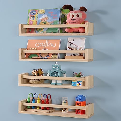 Nursery Room Shelves Set of 4, Wood Floating Book Shelves for Kids Room, Baby Book Shelf for Nursery, Kitchen Spice Rack (Natural Wood) - color: Natural Wood