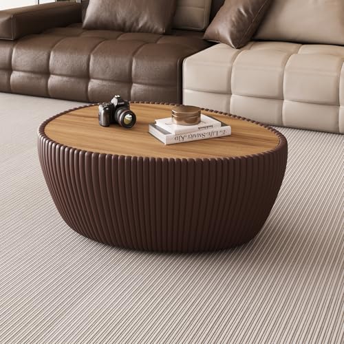 32.1" Oval Coffee Table with Marble Top Irregular Stone Coffee Table Fluted PU Leather Center Tables for Living Room Apartment No Assembly Brown - color: Marble-oval-32.1inch-brown-coffee