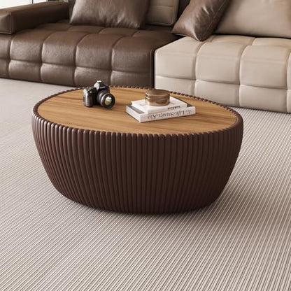 32.1" Oval Coffee Table with Marble Top Irregular Stone Coffee Table Fluted PU Leather Center Tables for Living Room Apartment No Assembly Brown - color: Marble-oval-32.1inch-brown-coffee