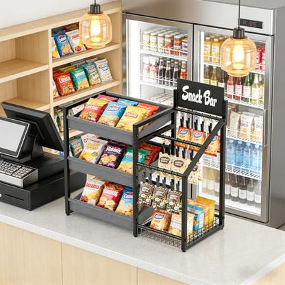 3-Tier Snack Organizer with 18 Clips, Large Capacity Snack Rack | Snack Cart for Kitchen Office Store Party Countertop, Matte Black Metal & Oxford Fabric Snack Storage, Message Board