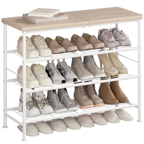 SUOERNUO Shoe Rack Organizer 4 Tier for Closet Entryway Free Standing Metal Storage Shoe Shelf with MDF Top Board，White+Oak - color: White+oak, size: Standard 4 Tier