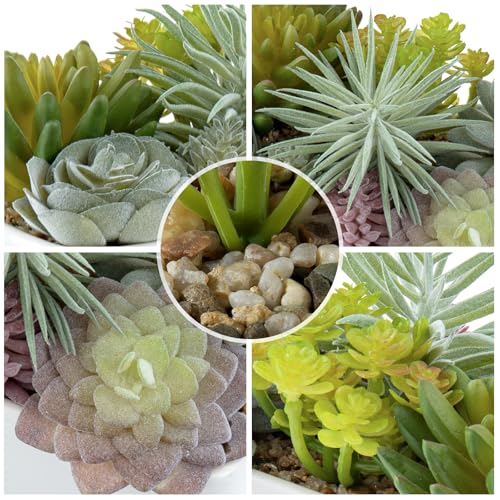 MyGift Assorted Artificial Succulent Plant Arrangement Potted in White Ceramic Planter Pot with Removable Bamboo Tray - color: White Ceramic & Bamboo