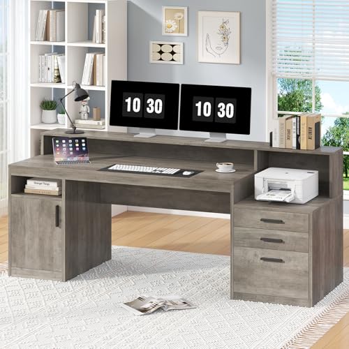 YOMILUVE Executive Computer Desk with 3 Drawers & Storage Shelves, 65 Inch Home Office Desk with File Drawer & Cabinet, Writing Study Desks with Monitor Stand & Printer Shelf, Executive Desk, Grey - color: Grey