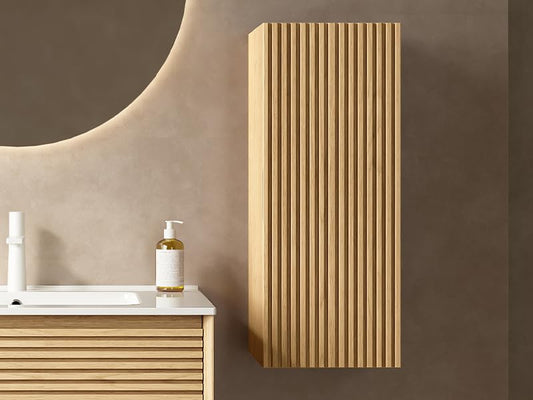 12" Wall-Mounted Floating Striped Bathroom Vanity Side Cabinet with a Door and a Shelf, (Suitable for Sedona Bathroom Vanity), Light Oak - color: Light Oak, size: 12 Inch