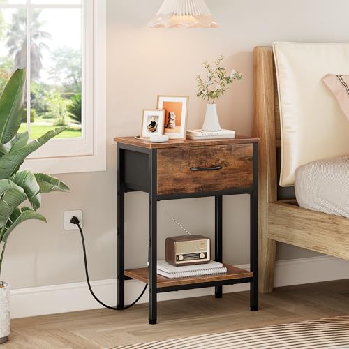 Vagusicc Nightstand Set of 2 with Charging Station, Bed Side Table with Fabric Drawer, Small End Table with 2-Tier Storage Shelves, 25.4" Tall Bedside Table, Night Stand for Bedroom Dorm, Rustic Brown - color: Rustic Brown (2 Pack)