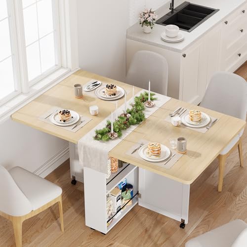 Garvee Folding Dining Table with Storage, Folding Kitchen Table with 6 Wheels, Drawer & Shelves, Compact Dining Table for Small Spaces - color: Burlywood