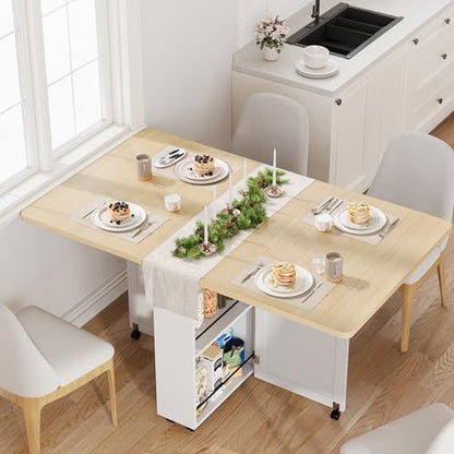 Garvee Folding Dining Table with Storage, Folding Kitchen Table with 6 Wheels, Drawer & Shelves, Compact Dining Table for Small Spaces - color: Burlywood