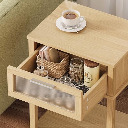 Nightstand Wooden Bedside Table with Drawer Natural Wood Night Stands Modern Style Small End Table Side Table with Storage Shelf for Bedroom Living Room MLBZ10YEV - color: Natural