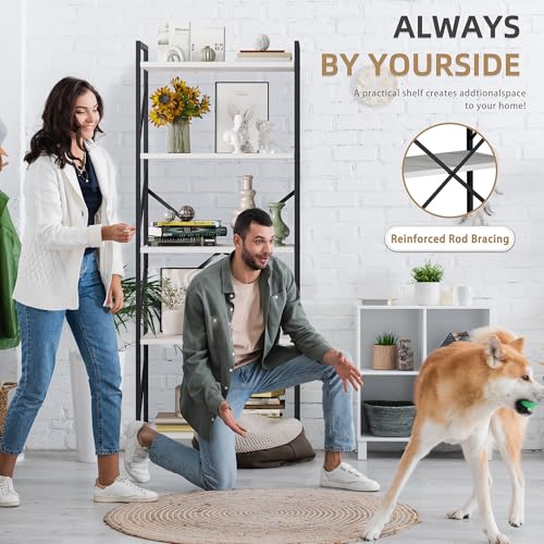 Vongrasig 5 Tier Bookshelf, Modern Tall Bookcase, Industrial Book Shelves Display Standing Shelf, Free Standing Storage Organizer for Bedroom, Living Room, White - color: White