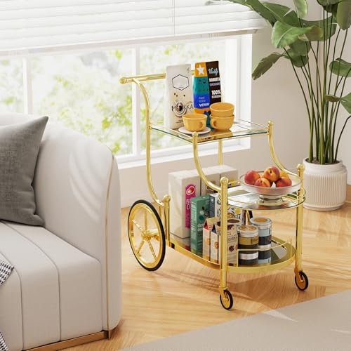 Tangkula Bar Cart, 3-Tier Rolling Home Bar Serving Cart with Mirrored Shelves & 4 Wheels, Mobile Beverage & Wine Cart for Kitchen, Dining Room, Living Room (Gold) - color: Gold