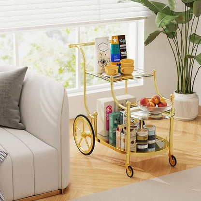 Tangkula Bar Cart, 3-Tier Rolling Home Bar Serving Cart with Mirrored Shelves & 4 Wheels, Mobile Beverage & Wine Cart for Kitchen, Dining Room, Living Room (Gold) - color: Gold
