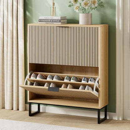 Shoe Cabinet Storage Entryway Slim, Shoe Organizer Cabinet with 2 Flip Drawers, Modern Freestanding Hidden Shoe Rack for Entryway, Natural Wood - size: 2 Flip Drawers