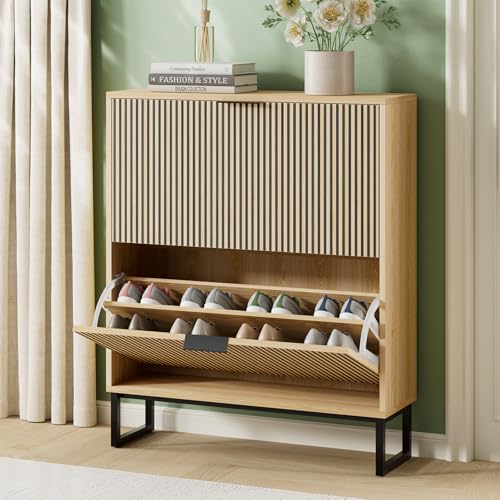 Shoe Cabinet Storage Entryway Slim, Shoe Organizer Cabinet with 2 Flip Drawers, Modern Freestanding Hidden Shoe Rack for Entryway, Natural Wood - size: 2 Flip Drawers