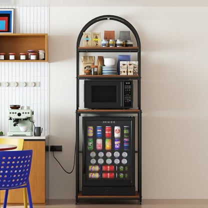 Arched Metal Mini Fridge Stand with Power Outlet and Wheels, Black | 4-Tier Microwave Organizer Stand and Mini Fridge Shelf with Storage for Kitchen, Dorm, Living Room and Small Space