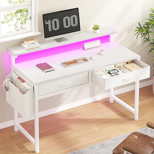 DurayLoly Computer Desk with 2 Drawers & LED Lights,39.4 Inch Home Office Desks with Side Pocket and Monitor Stand,Study Writing Table for Small Spaces,White - color: White, size: 39.4 Inch