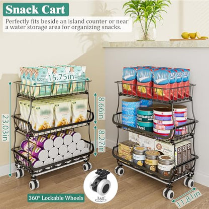 Giwil 3-Tier Rolling Pantry Organizers with Wheels, Stackable Wire Basket for Kitchen Pantry Shelves, Vegetable Storage Rack Pantry Cart for Snack Fruit Onion Potato, Black