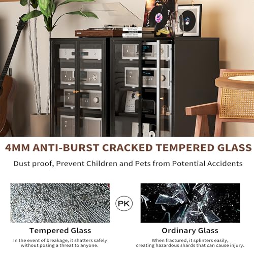 Heavy Duty 4-Tier Media Cabinet, Audio-Video Media Stand with Tempered Glass Doors, Metal Stereo Cabinets with 3 Adjustable Shelves, Storage Cabinet for Entertainment Stereo Component