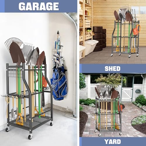 WALMANN Garden Tool Organizer with Wheels for Garage, Rakes/Shovels/Yard Tools Storage Stand for Garden, Shed, Indoor/Outdoor Long-Handled Tools Rolling Cart - style: Medium-stand