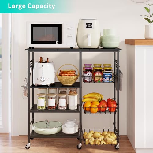 HapiRm Rolling Kitchen Microwave Cart - 4 Tier Microwave Table Stand with Pull-Out Baskets, Coffee Bar Baker's Rack with Wheels Rolling Storage Cart Organizer Shelf for Living Room Office, Balcony - color: Black-xl