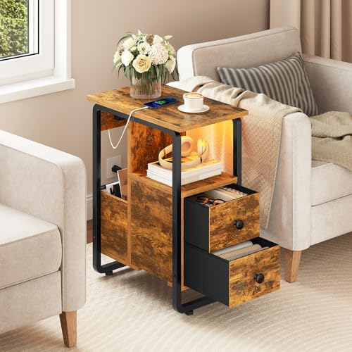 HOOBRO Narrow Nightstand with Charging Station & LED Lights, Narrow Side Table with Fabric Drawer, Open Shelves, Slim End Table for Living Room, Bedroom, Rustic Brown and Black BF430UDBZ01 - color: Rustic Brown + Black