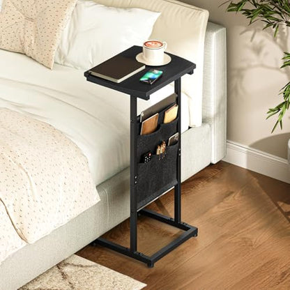 HOOBRO C Shaped End Table, 28.3" Side Table for Small Spaces, Couch Table, Slide Under Sofa Tray Table, Storage Bag, for Living Room, Bedroom, Black BB40SF01 - color: Black