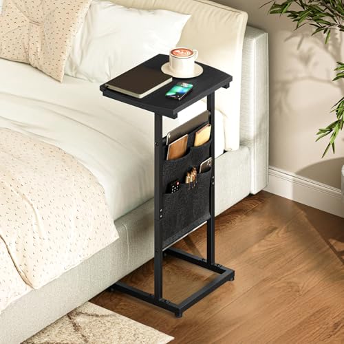 HOOBRO C Shaped End Table, 28.3" Side Table for Small Spaces, Couch Table, Slide Under Sofa Tray Table, Storage Bag, for Living Room, Bedroom, Black BB40SF01 - color: Black