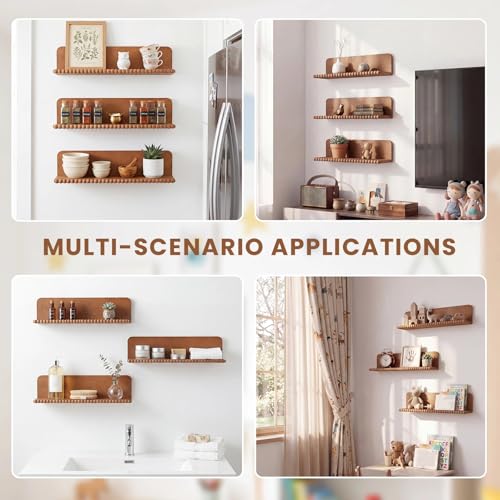 Novabright Nursery Book Shelves for Wall Set of 3 Floating Shelves,Brown | 16 Inch Organizer with Beaded Design, Bookshelf, Nursery, Bedroom, Living Room, Kitchen