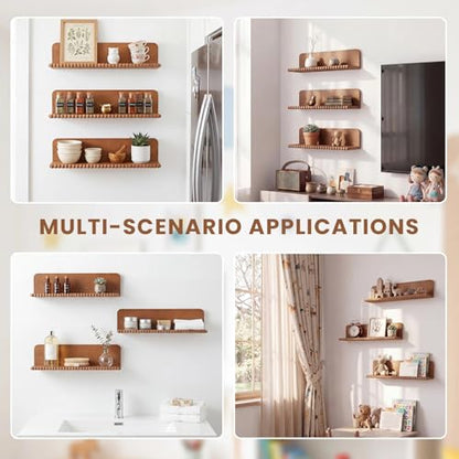 Novabright Nursery Book Shelves for Wall Set of 3 Floating Shelves,Brown | 16 Inch Organizer with Beaded Design, Bookshelf, Nursery, Bedroom, Living Room, Kitchen