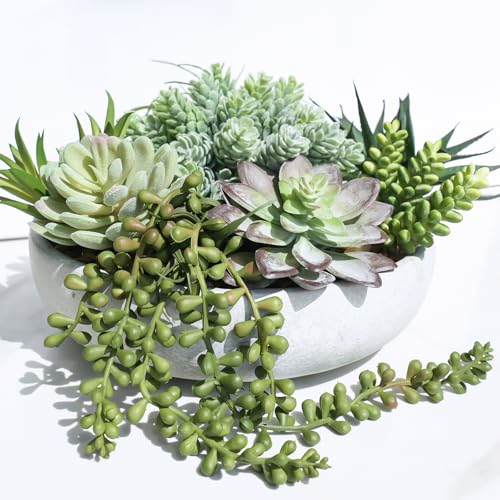 Winlyn 9" Artificial Succulent Arrangement Succulent Plants in Gray Round Planter Faux Potted Succulents for Home Office Bedroom Kitchen Bathroom Table Centerpiece Windowsill Shelf Mantel Decor
