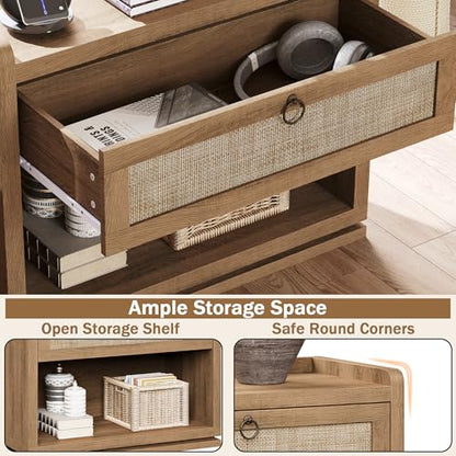 31" Wide Rattan Nightstand with Charging Station, End Side Table | Drawer & Open Shelf, Extra Large Night Stand, Farmhouse, Boho, Wood Bedside Table for Bedroom,Living Room,Office - color: Caramel Oak