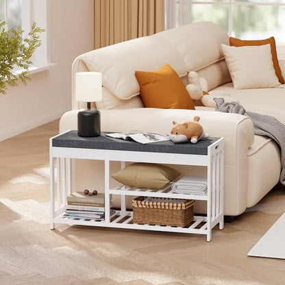 Shoe Rack Bench with Cushion,2 Tiers Shoe Bench with Flip-Top Storage,Wood Shoe Rack for Entryway, Hallway, Bedroom, Front Door Entrance (White) - color: White