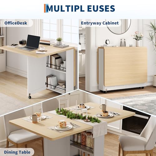 Garvee Folding Dining Table with Storage, Folding Kitchen Table with 6 Wheels, Drawer & Shelves, Compact Dining Table for Small Spaces - color: Burlywood