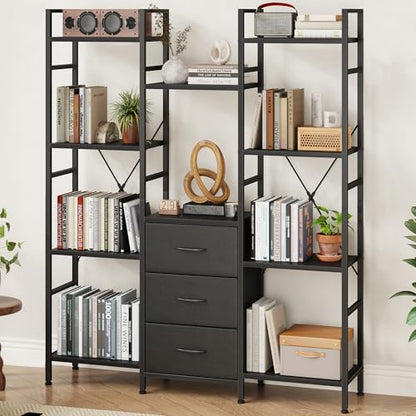 AFLUI Triple Bookshelf with 3 Fabric Drawers, 4-Tier Book Shelf and 10 Display Shelves, Industrial Large Bookcase for Home & Office, Black, 47'' Wide - color: Black, size: 4 Tier(47" W)
