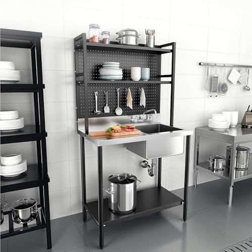 VINGLI 67'' 304 Stainless Steel Commercial Sink, Freestanding Utility Sink Table with Drainboard, Adjustable Shelves,Pegboard for Hanging Tools, Heavy Duty Prep Sink for Kitchen Garage Laundry Room