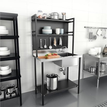 VINGLI 67'' 304 Stainless Steel Commercial Sink, Freestanding Utility Sink Table with Drainboard, Adjustable Shelves,Pegboard for Hanging Tools, Heavy Duty Prep Sink for Kitchen Garage Laundry Room