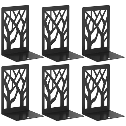 VFINE 6-Piece Modern Metal Bookends for Shelves, Black Tree Book Ends for Books, Decorative Book Organizer for Desk, Non-Skid Shelve Bookends for Home Office - style: Black bookend 3 pairs