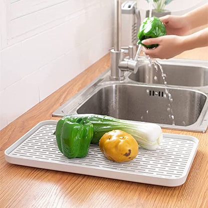 Small Drain Rack for Kitchen Sink, 2 Tier Cup & Dish Drying Rack for Office, Coffee Table, Multi-Use Tray for Serving, White & Grey Dish Drying Mat Big Enough - size: 6.69W x 12.2L