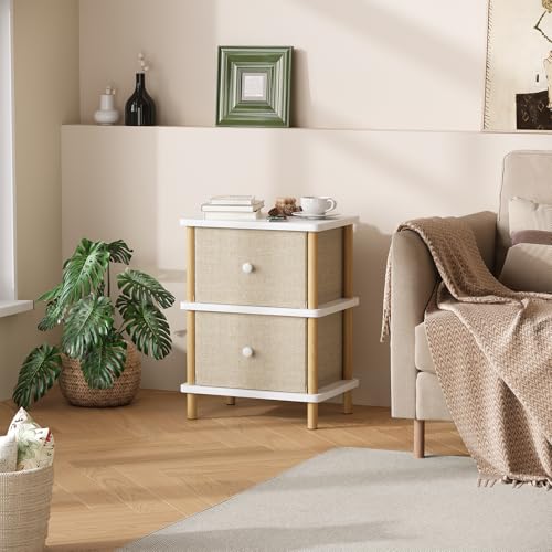Apicizon Nightstand with 2 Drawers, Side Table with Storage, White+Natural | Small End Table with Solid Wood Legs, for Small Spaces, Bedroom, Living Room, Entryway, Easy Assembly - color: White+natural