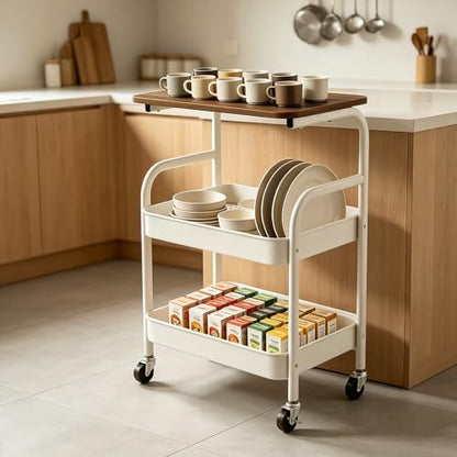 3 Tier Rolling Cart with Walnut Table Top, Sturdy Metal Storage Cart with Lockable Wheels, Multi-Purpose Mobile Shelf for Kitchen, Bedroom, Snacks, Coffee, Craft, Makeup, Garage (White) - color: White