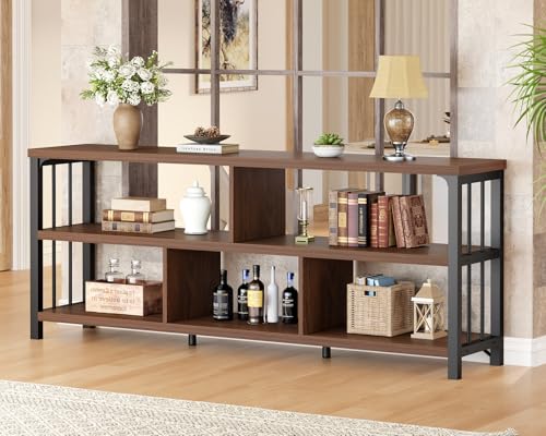 IBF 63” Long Horizontal Bookshelf, Wide Low Open Wood Bookcase, Walnut | Industrial 5 Cube Book Shelf, 3 Tier Rustic Wood and Metal Cubby Storage Organizer for Bedroom Living Room Home Office - color: Walnut Oak, size: 63 inch