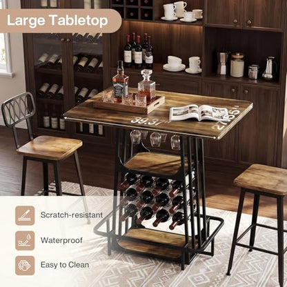 Tribesigns Bar Table, Industrial Counter Height Pub Table, Black and Brown | with Glass Holder and Wine Storage,3-Tier Cocktail Table, Home Bar Unit with Metal Footrest for Kitchen, Bistro, Dining Room