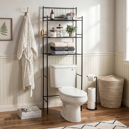 Honey-Can-Do 3-Tier Over-the-Toilet Space Saver Shelf, Black Metal, 23W x 65H x 9.5D in, Freestanding Bathroom Organizer - style: Shelving Unit