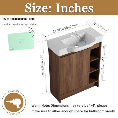 28" Freestanding Bathroom Vanity with Sink, 28 Inch Floor Stand Vanity for Small Bathrooms, Soft-Close Door Cabinet with White Ceramic Basin & Waterproof Plywood, Brown