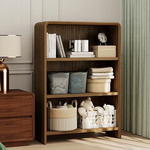 Bevfint 44" Bookcase Tall 3 Shelves Wood Bookshelf with Curved Soft Edges, Heavy Duty Modern Storage Cabinet for Professional Home Office and Living Room, Walnut Grain Finish - color: Walnut Grain, size: 3-Tier Bookcase