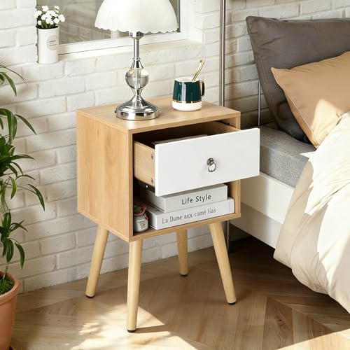Bonnlo Nightstand Set of 2, Modern Bedside Table with Drawer Open Shelf, End Table with Solid Wood Legs for Bedroom, Oak - color: White+oak, size: 1 Drawer 1 Shelf